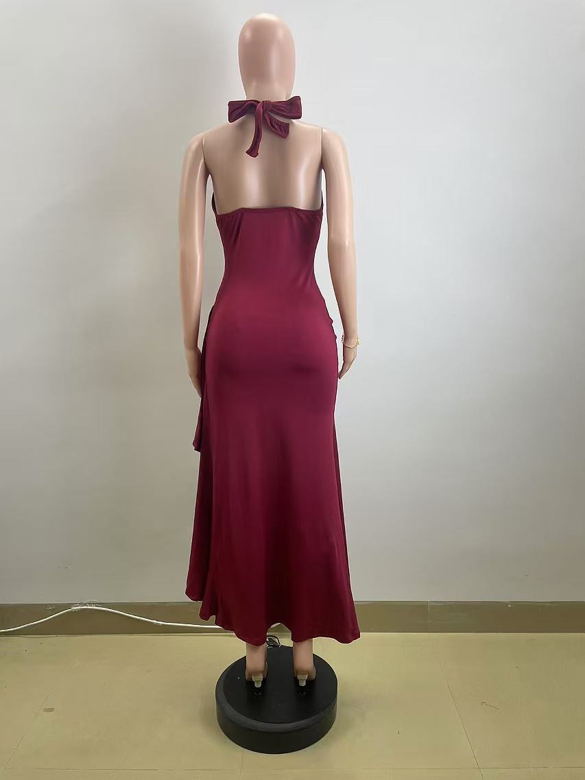 Burgundy M6032 halter maxi dress, full-length back view on mannequin