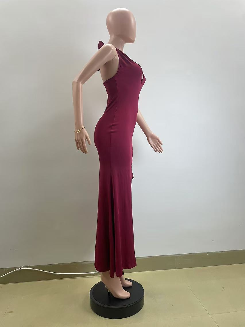 Burgundy M6032 halter maxi dress, side view on mannequin