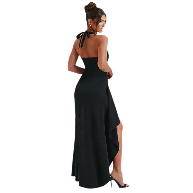 Black M6032 halter maxi dress, full-length back view